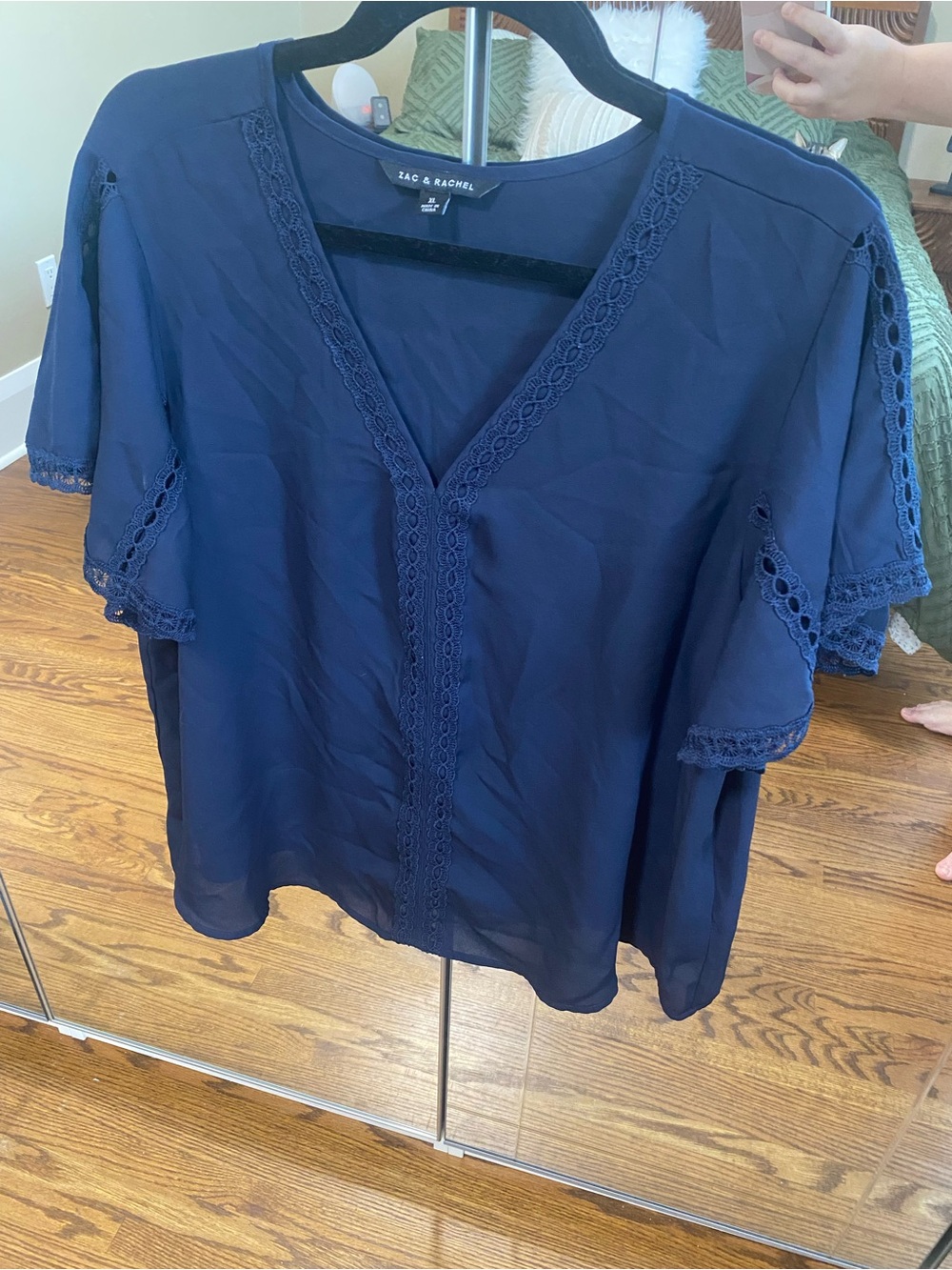 Zac & Rachel Navy Lace-Trim V-Neck Blouse